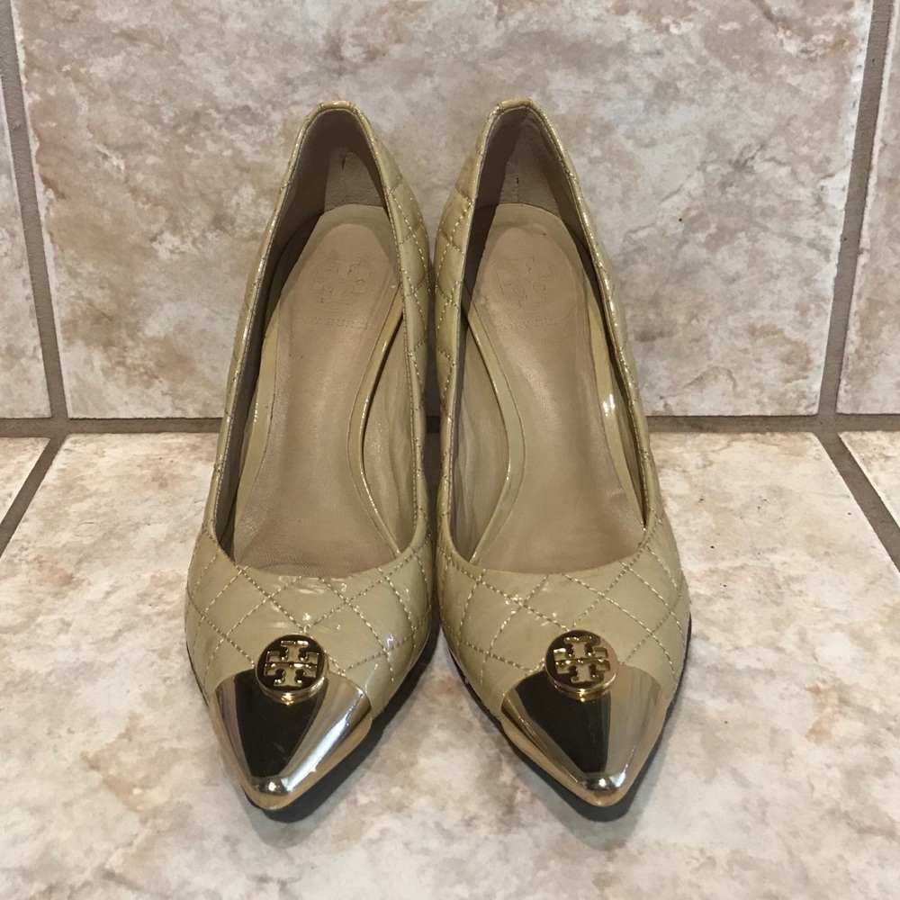 Tory Burch Quilted Leather Pumps With Gold Cap Toe